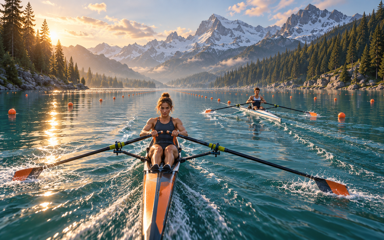 Illustration d’une course d’aviron sur un lac alpin, vue depuis l’arrière du bateau du joueur.